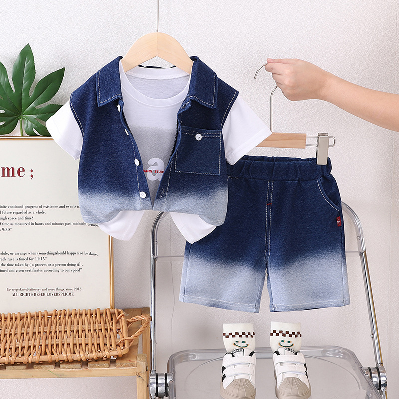 Детски комплект с къс ръкав деним-памук, 3 части, за възраст 1–3 години, лято 2025