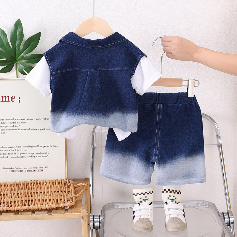 Детски комплект с къс ръкав деним-памук, 3 части, за възраст 1–3 години, лято 2025