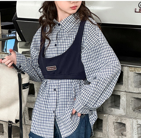 Set pentru fetițe, trei piese, primăvară-toamnă, în carouri, poliester 70%, cămașă cu mânecă lungă și blugi