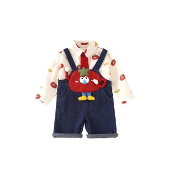 Set pentru băieți în două piese – cămașă cu imprimeu desene animate și salopetă din denim, stil coreean, 100% bumbac, mâneci lungi, vârsta 1–3 ani, toamnă 2025