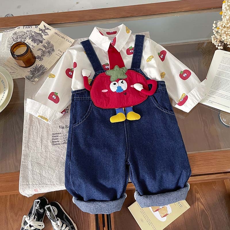 Set pentru băieți în două piese – cămașă cu imprimeu desene animate și salopetă din denim, stil coreean, 100% bumbac, mâneci lungi, vârsta 1–3 ani, toamnă 2025