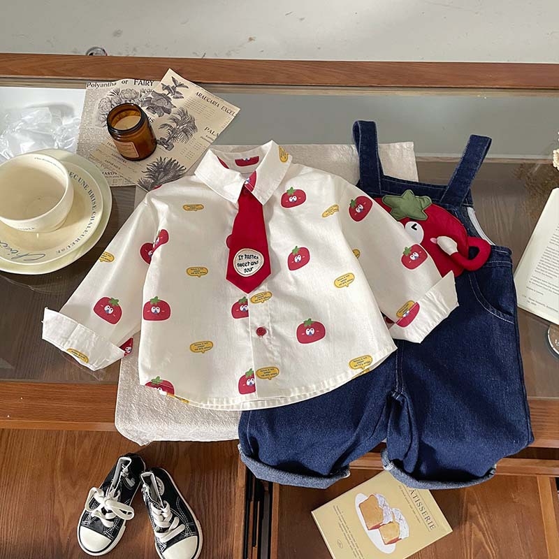 Set pentru băieți în două piese – cămașă cu imprimeu desene animate și salopetă din denim, stil coreean, 100% bumbac, mâneci lungi, vârsta 1–3 ani, toamnă 2025