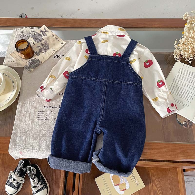 Set pentru băieți în două piese – cămașă cu imprimeu desene animate și salopetă din denim, stil coreean, 100% bumbac, mâneci lungi, vârsta 1–3 ani, toamnă 2025