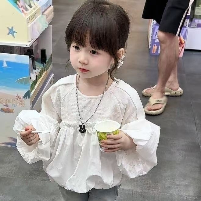 Set din două piese pentru fetițe: bluză cu mâneci bufante și blugi din denim, 80% bumbac, primăvară-toamnă