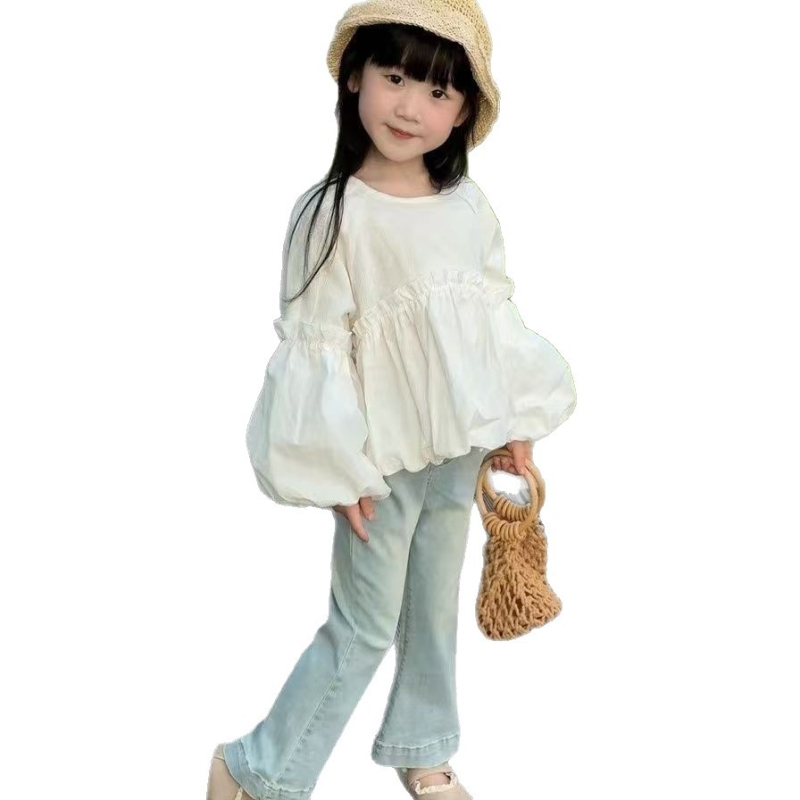 Set din două piese pentru fetițe: bluză cu mâneci bufante și blugi din denim, 80% bumbac, primăvară-toamnă