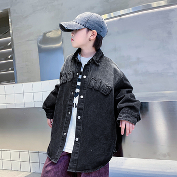 Fiúknak tervezett gradient denim zakó-ginga, koreai stílus, gallér, betűs minta, egyrészes záródás