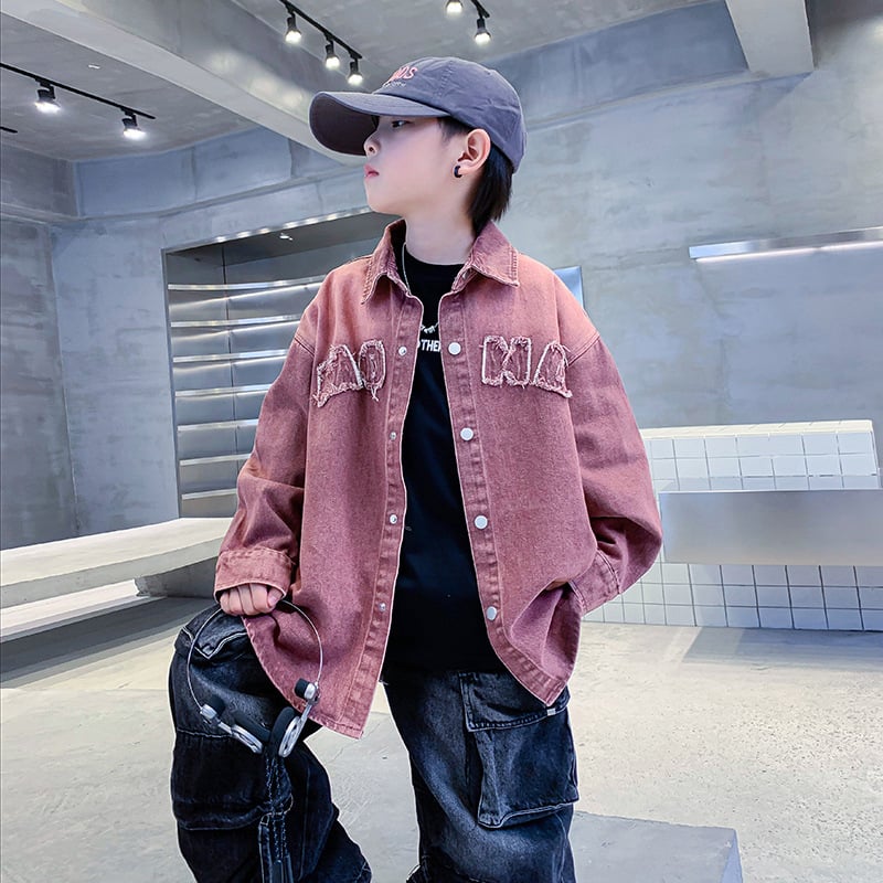 Fiúknak tervezett gradient denim zakó-ginga, koreai stílus, gallér, betűs minta, egyrészes záródás