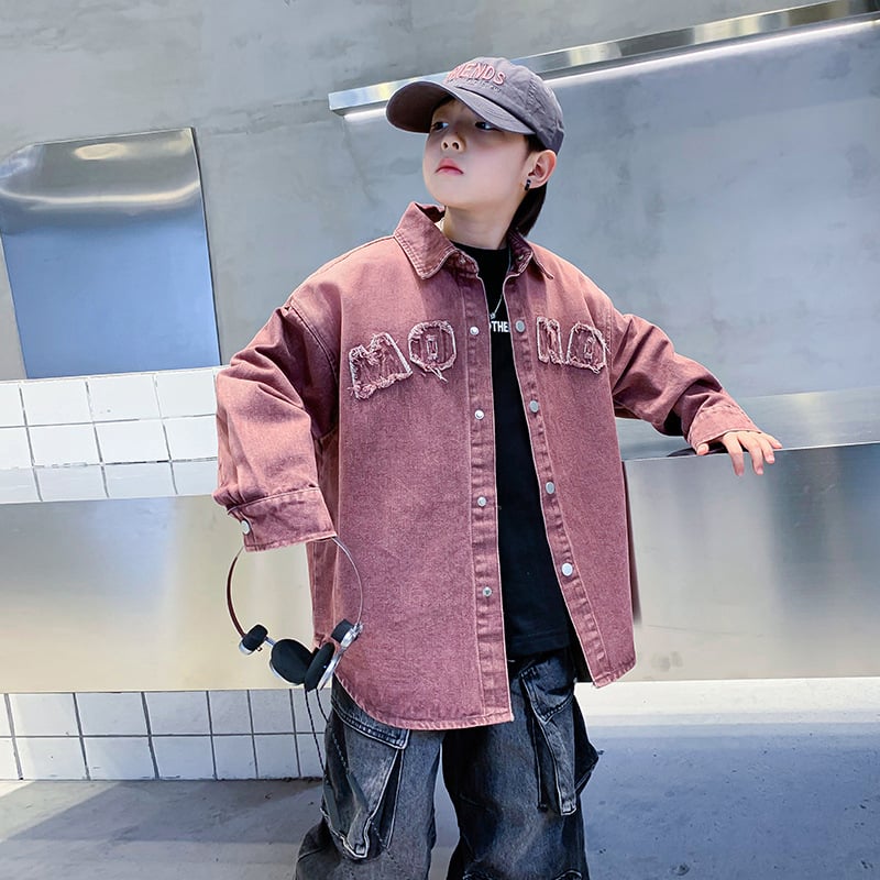 Fiúknak tervezett gradient denim zakó-ginga, koreai stílus, gallér, betűs minta, egyrészes záródás