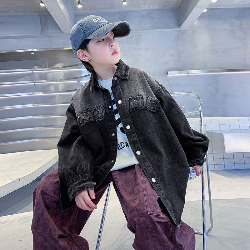 Fiúknak tervezett gradient denim zakó-ginga, koreai stílus, gallér, betűs minta, egyrészes záródás