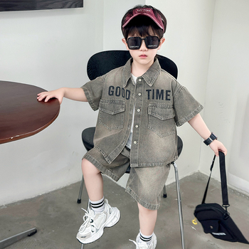 Set copii din denim cu cămașă cu mâneci scurte și șorturi, vară, stil coreean, două piese, bumbac 95%, finisaj moale, model cartoon