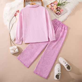 Dječji dvodijelni denim set: poderane traperice i prugasta košulja s dugim rukavima, korejski stil, proljeće i jesen