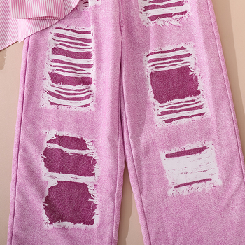 Dječji dvodijelni denim set: poderane traperice i prugasta košulja s dugim rukavima, korejski stil, proljeće i jesen