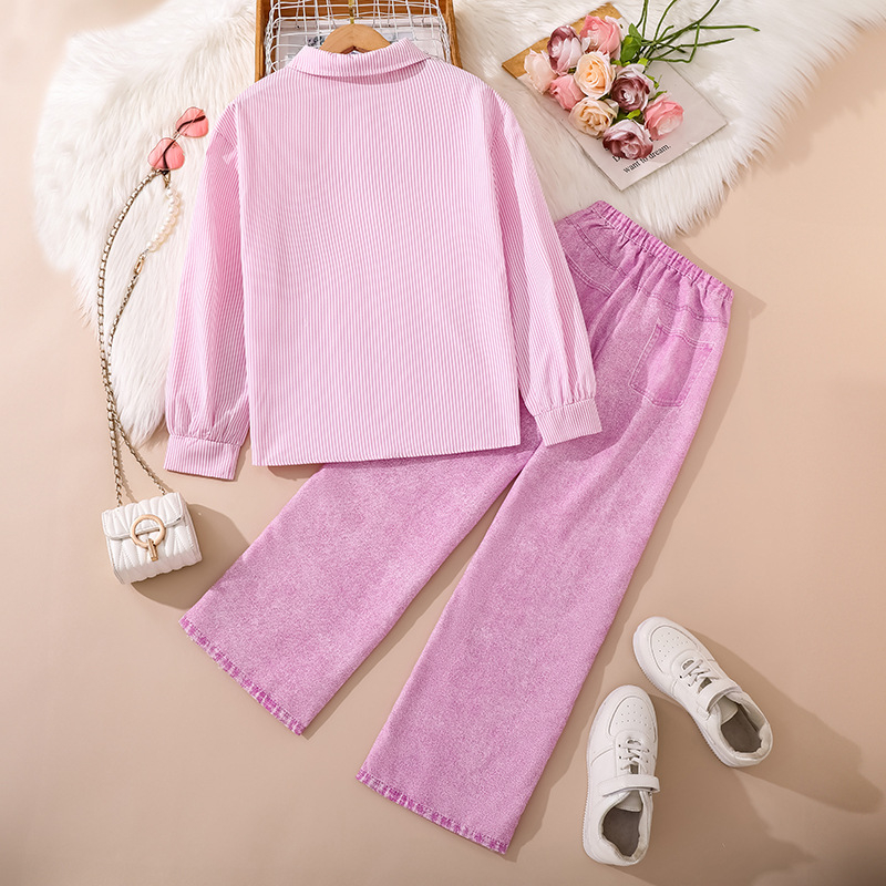 Dječji dvodijelni denim set: poderane traperice i prugasta košulja s dugim rukavima, korejski stil, proljeće i jesen