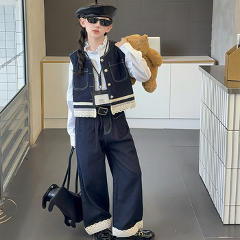 Dječji trodjelni komplet za proljeće i jesen, korejski stil, košulja s čipkastim ovratnikom i denim komplet