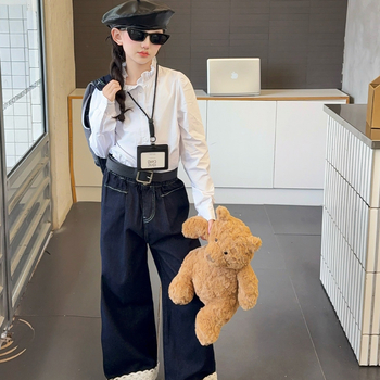 Dječji trodjelni komplet za proljeće i jesen, korejski stil, košulja s čipkastim ovratnikom i denim komplet