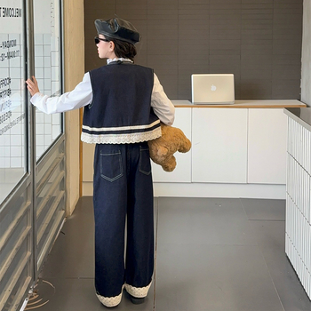 Dječji trodjelni komplet za proljeće i jesen, korejski stil, košulja s čipkastim ovratnikom i denim komplet