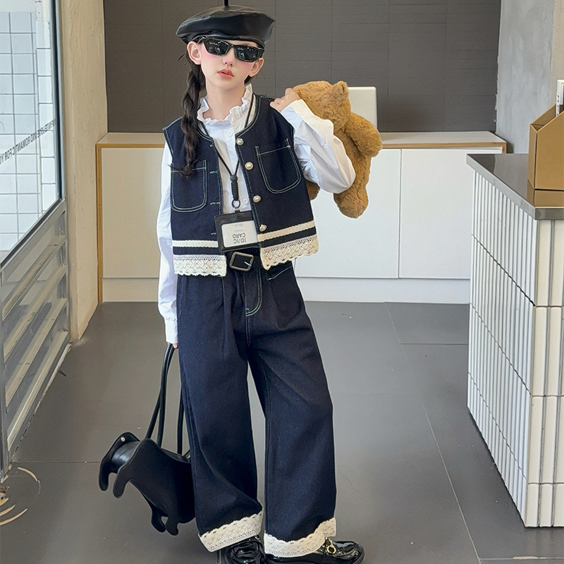 Dječji trodjelni komplet za proljeće i jesen, korejski stil, košulja s čipkastim ovratnikom i denim komplet