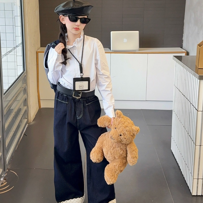 Dječji trodjelni komplet za proljeće i jesen, korejski stil, košulja s čipkastim ovratnikom i denim komplet