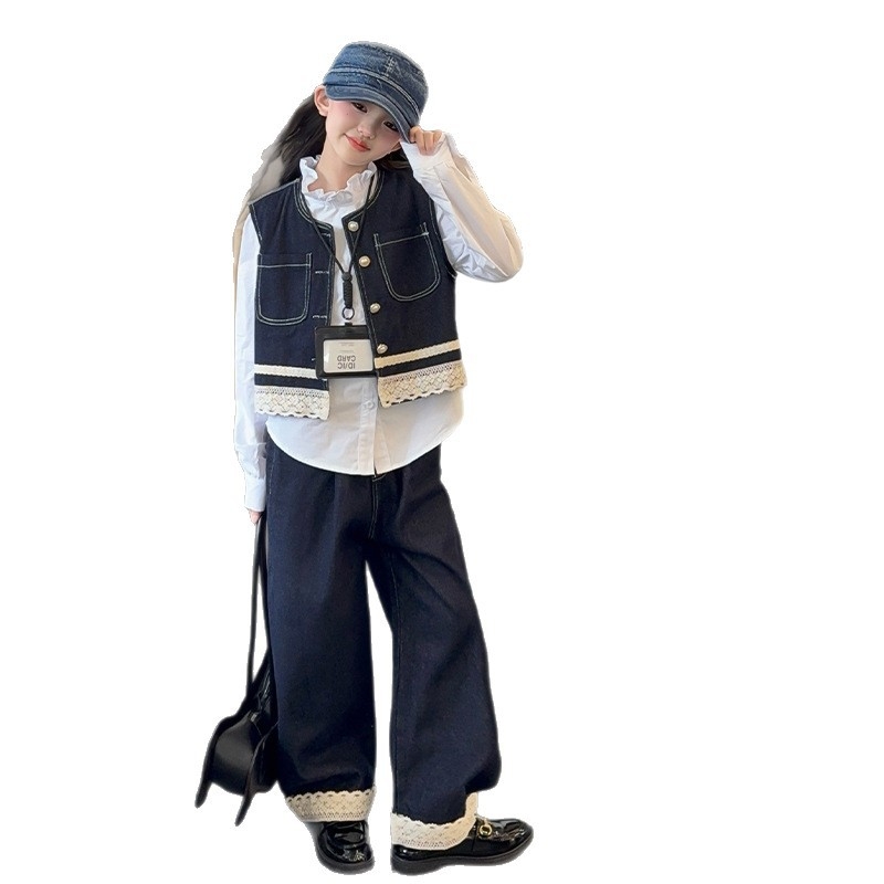 Dječji trodjelni komplet za proljeće i jesen, korejski stil, košulja s čipkastim ovratnikom i denim komplet