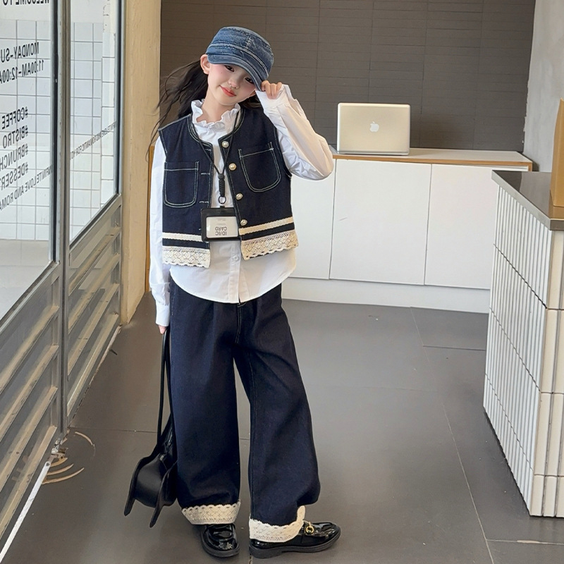Dječji trodjelni komplet za proljeće i jesen, korejski stil, košulja s čipkastim ovratnikom i denim komplet