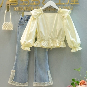 Set de două piese pentru copii, stil prințesă, bumbac cu blană de iepure, mâneci lungi, culoare solidă