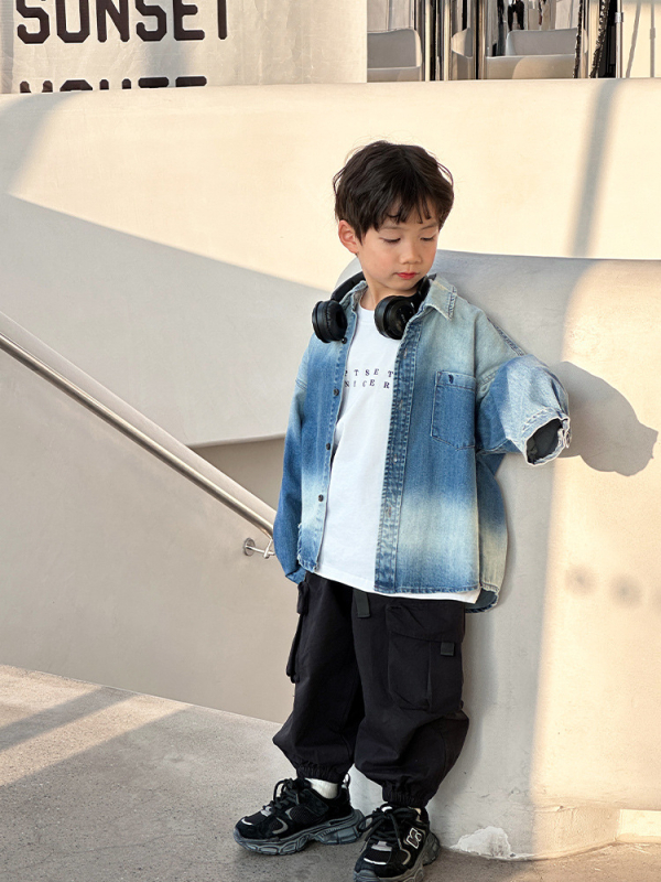 Dječja džins košulja za dječake, korejski stil, dugi rukav, 98% pamuk, jesen 2024, pogodna za djecu od 8 godina