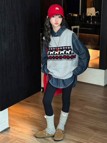 Dječji dvodjelni komplet za djevojčice: pleteni prsluk i traper košulja, korejski stil, pamuk 30-50% sadržaja, dugi rukavi.