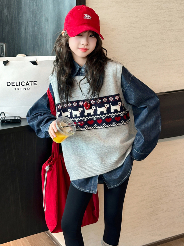 Dječji dvodjelni komplet za djevojčice: pleteni prsluk i traper košulja, korejski stil, pamuk 30-50% sadržaja, dugi rukavi.