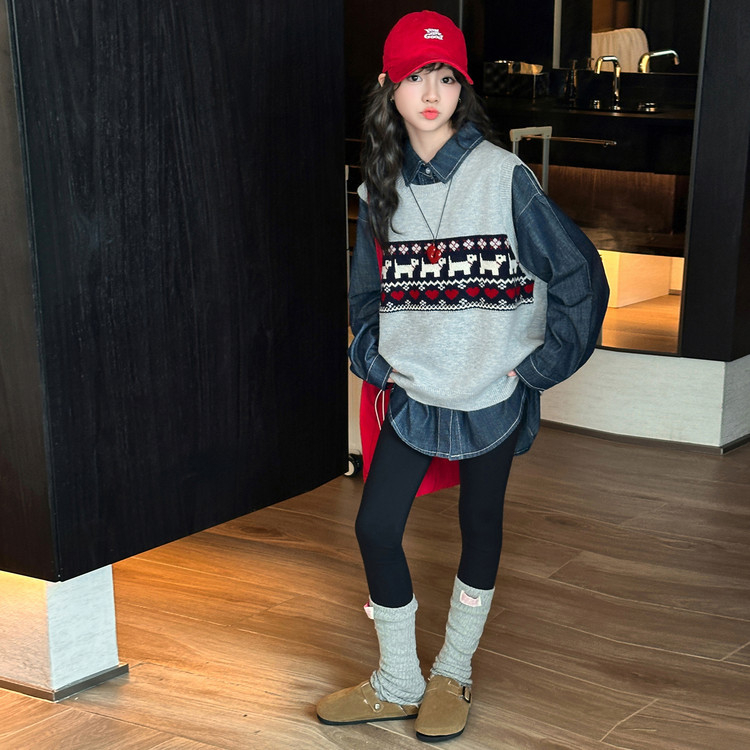 Dječji dvodjelni komplet za djevojčice: pleteni prsluk i traper košulja, korejski stil, pamuk 30-50% sadržaja, dugi rukavi.