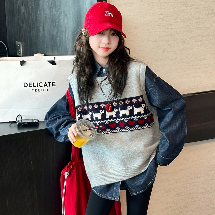 Dječji dvodjelni komplet za djevojčice: pleteni prsluk i traper košulja, korejski stil, pamuk 30-50% sadržaja, dugi rukavi.