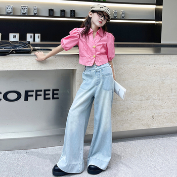 Dječji ljetni dvodijelni set: košulica kratkih rukava u francuskom stilu i široke traperice