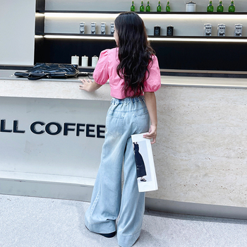 Dječji ljetni dvodijelni set: košulica kratkih rukava u francuskom stilu i široke traperice