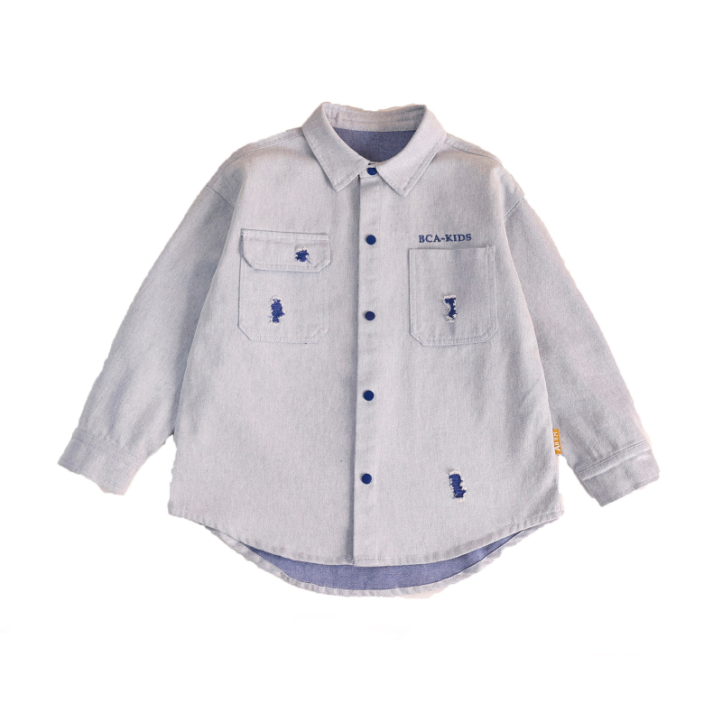 Dječja proljetna denim košulja – 65% pamuk, 35% poliester; dugi rukavi; uzorak: slova; za djecu 8+ godina; proljeće 2025.