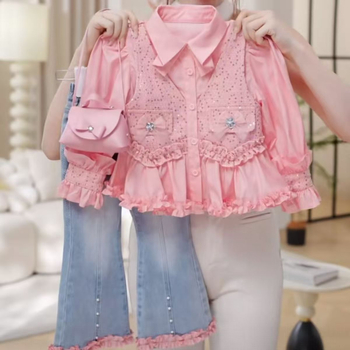 Set pentru fetițe din două piese: vestă și cămașă din denim, primăvară-toamnă, stil prințesă, 80% bumbac