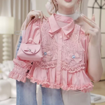 Set pentru fetițe din două piese: vestă și cămașă din denim, primăvară-toamnă, stil prințesă, 80% bumbac