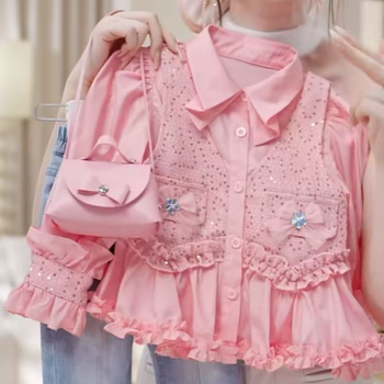 Set pentru fetițe din două piese: vestă și cămașă din denim, primăvară-toamnă, stil prințesă, 80% bumbac