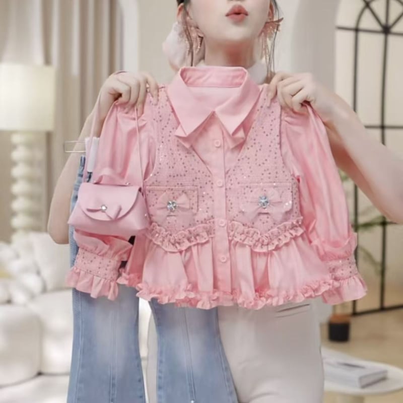 Set pentru fetițe din două piese: vestă și cămașă din denim, primăvară-toamnă, stil prințesă, 80% bumbac