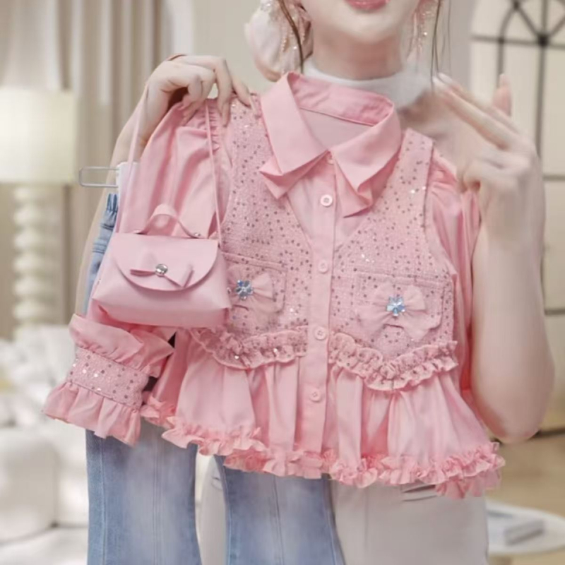 Set pentru fetițe din două piese: vestă și cămașă din denim, primăvară-toamnă, stil prințesă, 80% bumbac