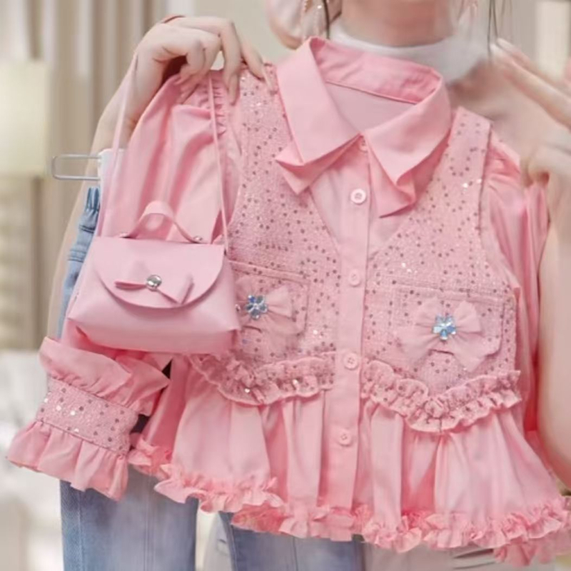 Set pentru fetițe din două piese: vestă și cămașă din denim, primăvară-toamnă, stil prințesă, 80% bumbac