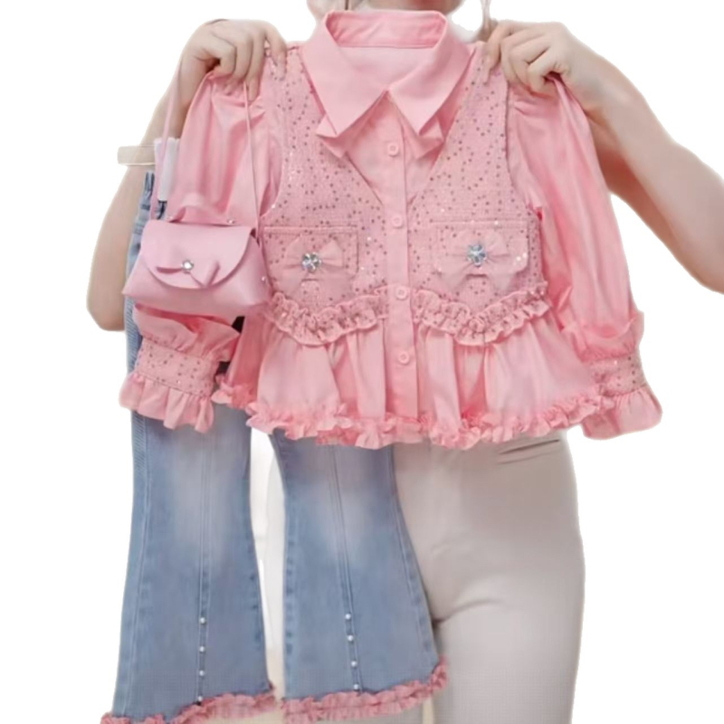 Set pentru fetițe din două piese: vestă și cămașă din denim, primăvară-toamnă, stil prințesă, 80% bumbac
