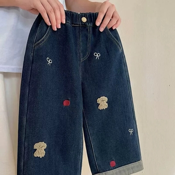 Tüdrukute Korea stiilis denim teksad, fleece vooder, karikatuur-trükk, sirge lõige, keskmise kõrgusega vöökoht