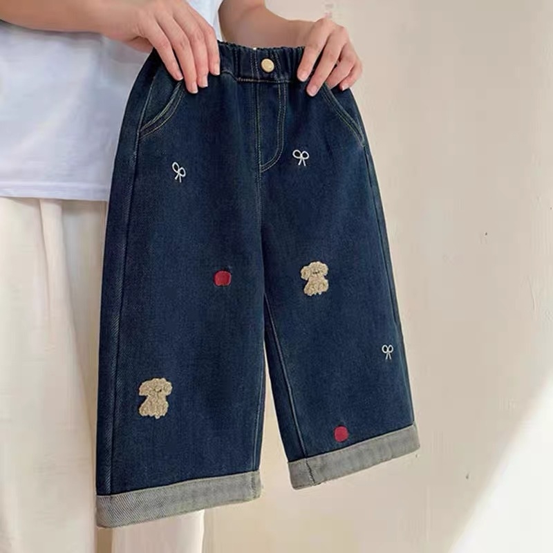 Tüdrukute Korea stiilis denim teksad, fleece vooder, karikatuur-trükk, sirge lõige, keskmise kõrgusega vöökoht