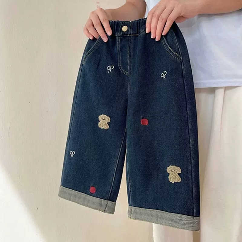 Tüdrukute Korea stiilis denim teksad, fleece vooder, karikatuur-trükk, sirge lõige, keskmise kõrgusega vöökoht