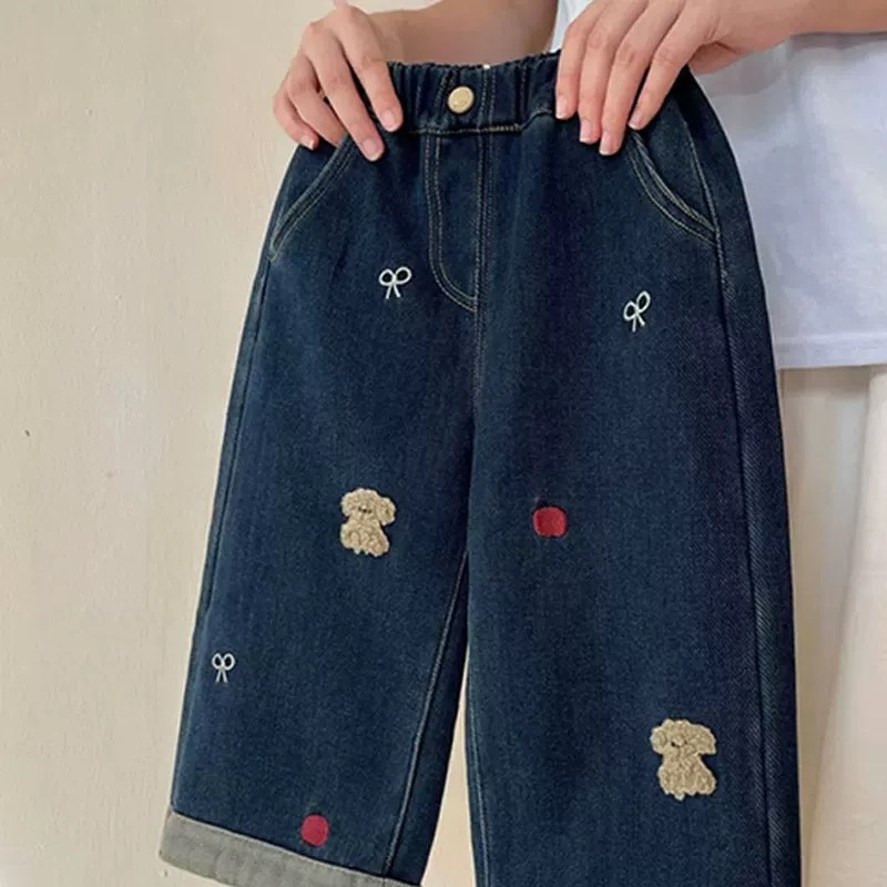 Tüdrukute Korea stiilis denim teksad, fleece vooder, karikatuur-trükk, sirge lõige, keskmise kõrgusega vöökoht