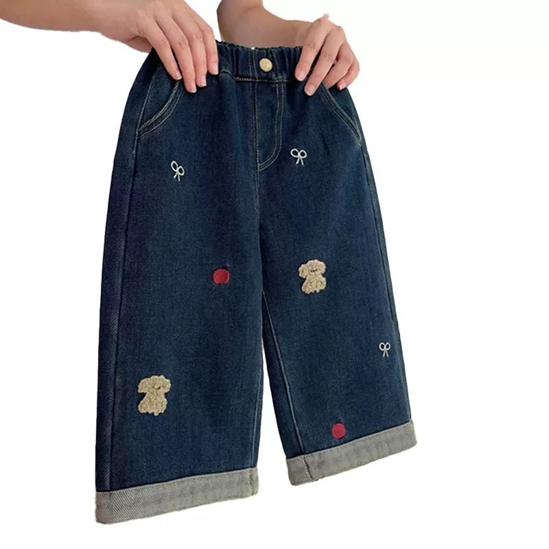 Tüdrukute Korea stiilis denim teksad, fleece vooder, karikatuur-trükk, sirge lõige, keskmise kõrgusega vöökoht