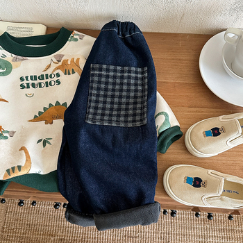 Jeanși pentru băieți cu căptușeală fleece, iarnă 2025, denim 100%, talie medie cu curea elastică, spălare cu enzime