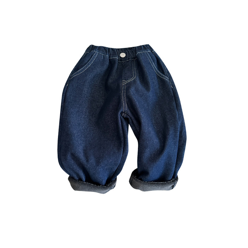 Jeanși pentru băieți cu căptușeală fleece, iarnă 2025, denim 100%, talie medie cu curea elastică, spălare cu enzime