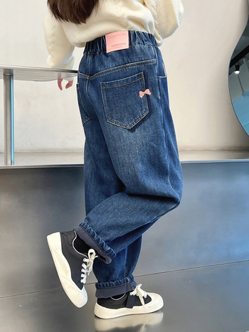 Laste Korea-stiilis sirged teksapüksid, puuvillaseguse kangas, keskmise kõrgusega vöö, talveriietus