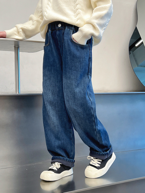 Laste Korea-stiilis sirged teksapüksid, puuvillaseguse kangas, keskmise kõrgusega vöö, talveriietus