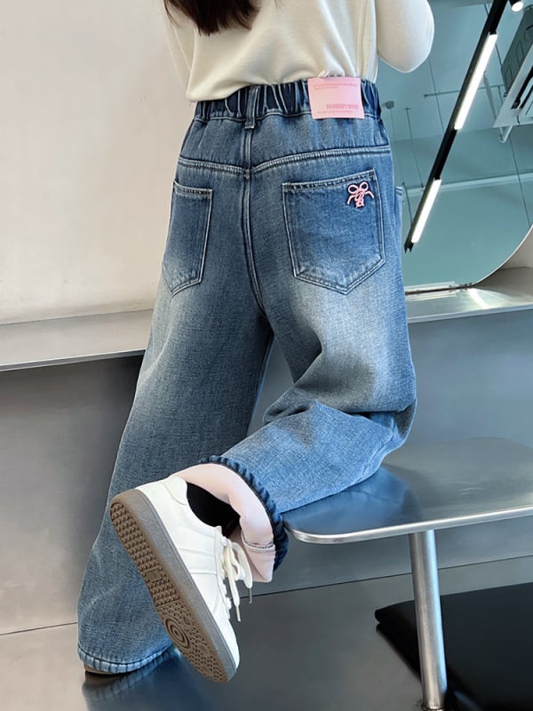 Laste Korea-stiilis sirged teksapüksid, puuvillaseguse kangas, keskmise kõrgusega vöö, talveriietus